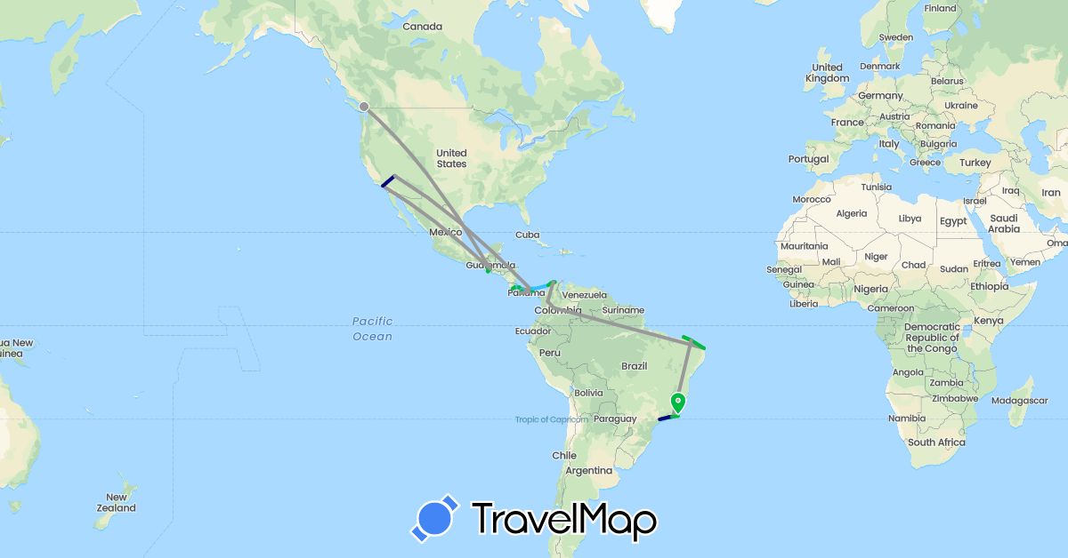 TravelMap itinerary: driving, bus, plane, boat in Brazil, Canada, Colombia, Costa Rica, Guatemala, Panama, United States (North America, South America)